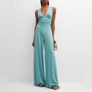 LIKE NEW Chiara Boni Womens Blue V-Neck Wide Leg Shimmer Jumpsuit